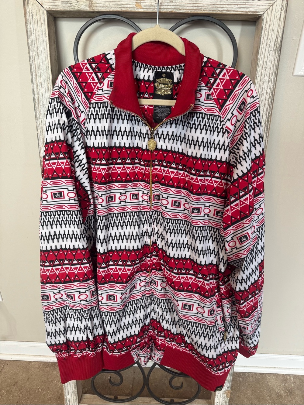 Akademiks Y2K Track Jacket 3XL Red Black Aztec Geometric‎ Crown Print Hip Hop